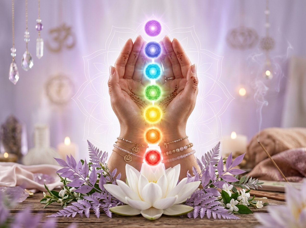 Sacred Lotus Hands holding 7 Glowing Chakra Energy Spheres
