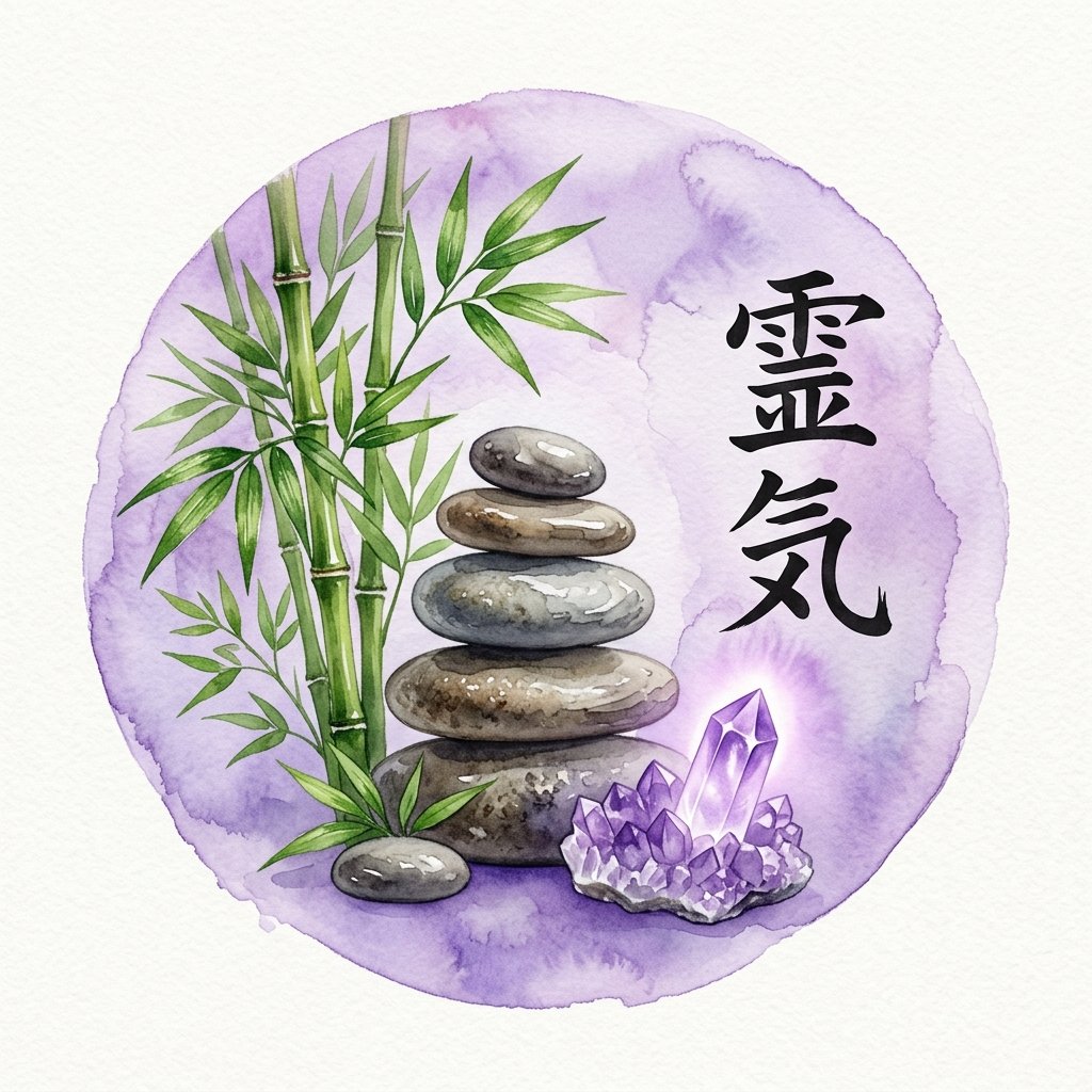 Reiki Japanese Kanji Calligraphy on Zen Stones and Purple Amethyst Crystal