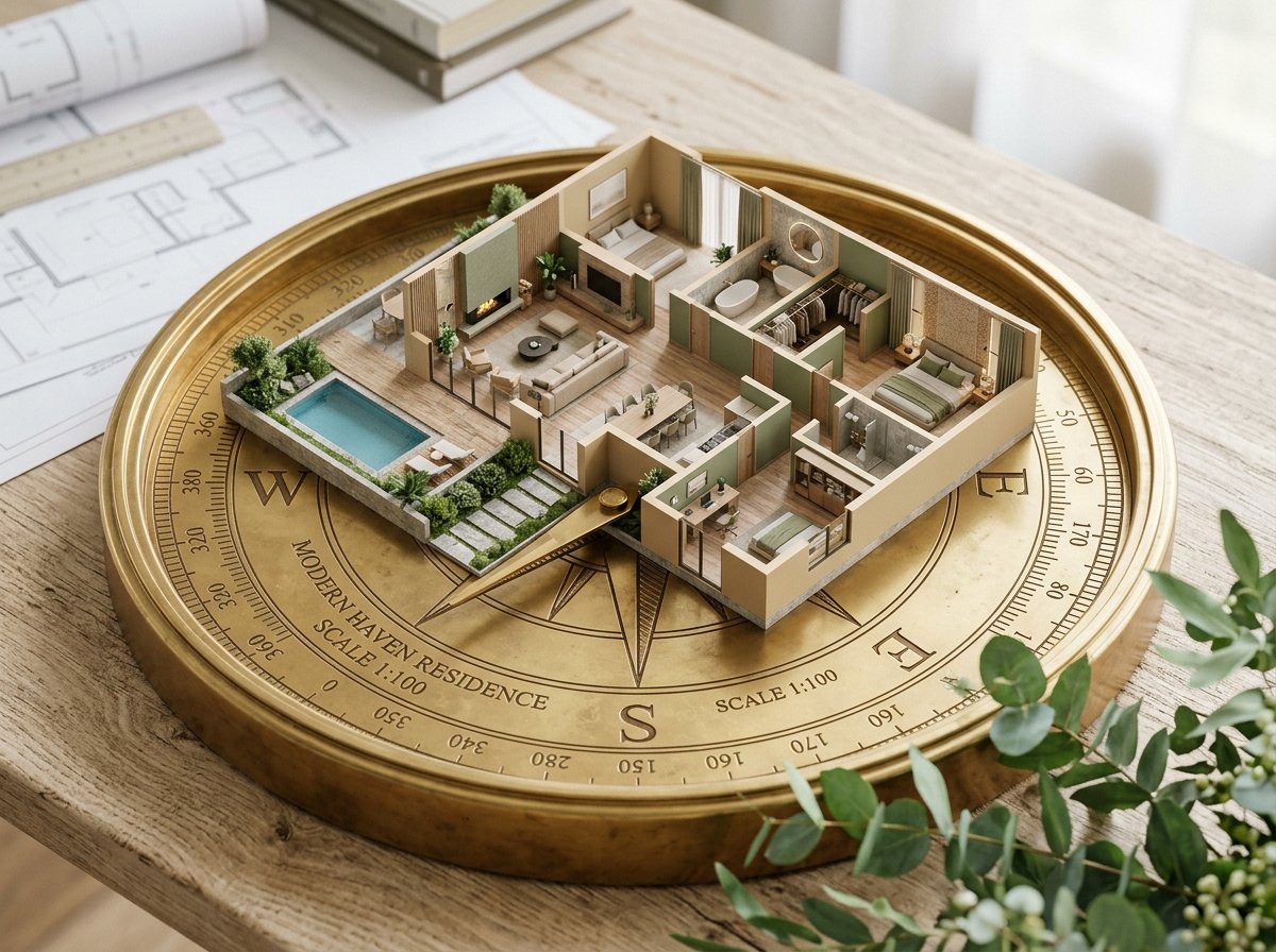 Vastu Isometric Floorplan resting on Golden Compass Dial